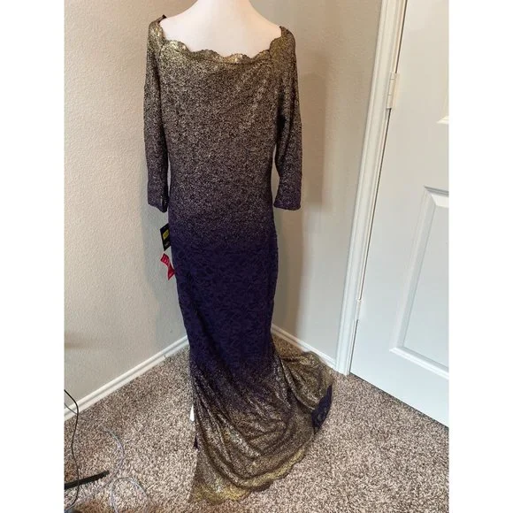 NWT Marina Purple Ombre Lace Detail Evening Formal Gown